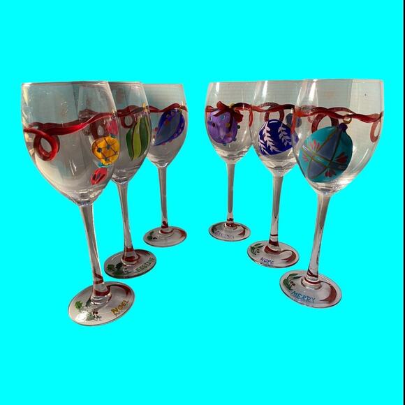 Lot Of 6 Hand-painted Christmas Stemware Wine Glasses Decorated With Ornaments - Picture 2 of 14
